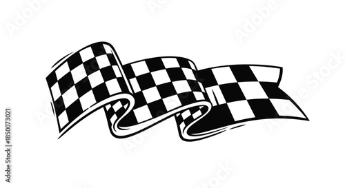 Black and white checkered racing flag waving in the wind as a classic symbol of finish line victory for motorsports and competition events.