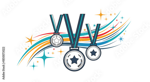 Three silver winners medals with stars on blue ribbons arranged against a dynamic background of colorful motion trails and decorative stars.