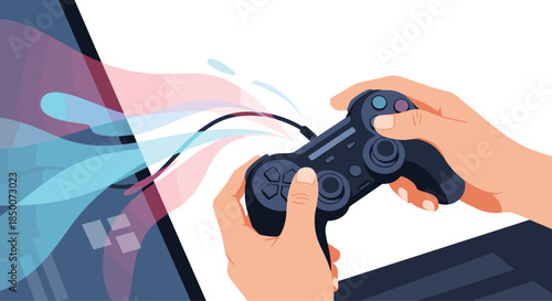 Human hands holding modern video game controller during immersive gaming session with glowing energy waves coming from display screen.