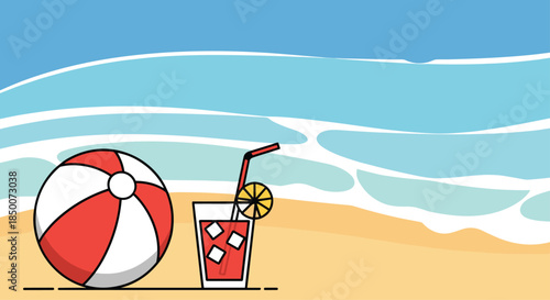 Colorful beach ball and refreshing red summer drink on sandy shore with breaking ocean waves and clear blue sky during hot vacation day.