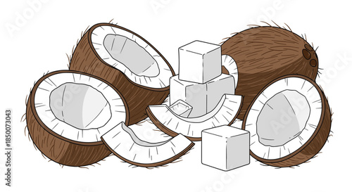 Fresh whole and sliced coconuts with several white coconut meat cubes for healthy food, natural cosmetic ingredient, and tropical diets.