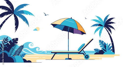 Tropical beach scene featuring empty lounge chair and colorful sun umbrella near ocean waves and palm trees for summer travel promotion.