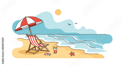 Peaceful seaside vacation scene with striped lounge chair and sun umbrella on sandy beach with calm waves, starfish, and flying seagulls.