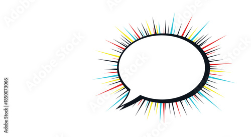 Blank comic book style speech bubble with vibrant radiating colorful action lines for creative messaging and expressive announcements.