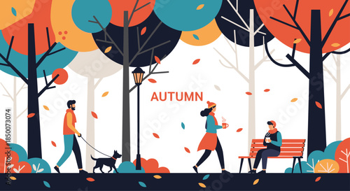 Colorful autumn park scene with diverse people walking dog and relaxing on benches under trees with falling vibrant orange and red leaves.