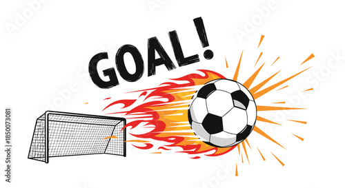 Dynamic soccer ball engulfed in bright flames speeding towards goal net representing victorious score during competitive football matches.