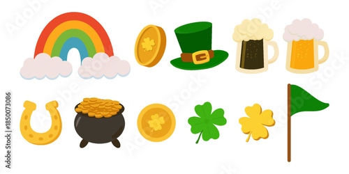 Vector set of St Patrick’s Day elements including leprechaun hat, rainbow, pot of gold coins, light and dark beer mugs, four leaf clover and shiny coins for festive designs.