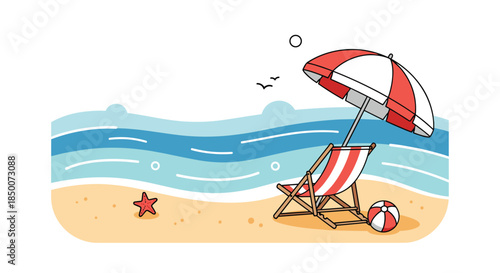 Simple minimalist beach landscape featuring red striped lounge chair and sun umbrella on sandy shore with ocean waves and clear bright sky.