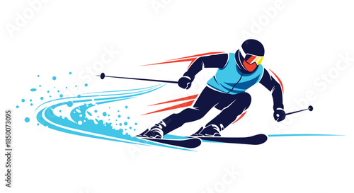 Dynamic illustration of skier carving through deep snow on steep mountain slope during winter sports activity with splashes and speed lines.