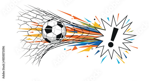 Soccer ball forcefully hitting goal net with dynamic abstract lines and exclamation mark symbol for exciting victorious match scoring.