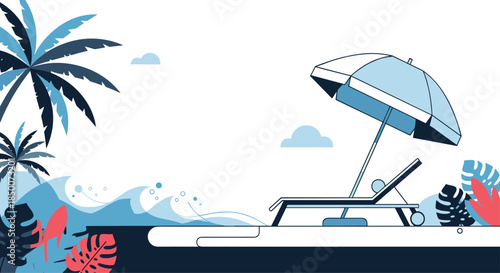 Tranquil beach scene featuring a lounge chair under a parasol with palm trees and ocean waves in a blue color palette for summer vacations.