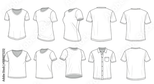 Collection of various white t-shirt and button down shirt templates shown from front side and back views for clothing design and mockups.