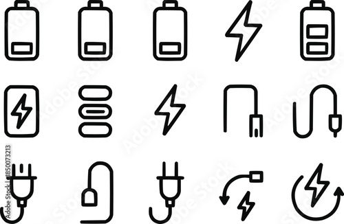 Battery & Power Charging Outline Icon Set Energy Levels, Recharge, and Electricity