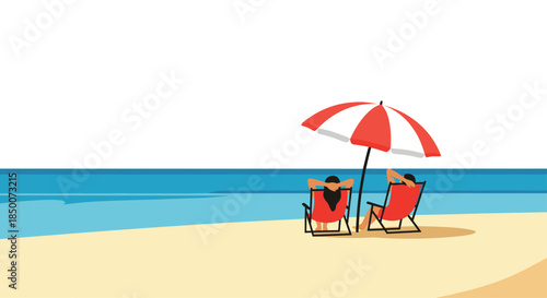 Man and woman sitting on red beach chairs under a striped umbrella while enjoying the view of the calm blue ocean during their summer vacation.