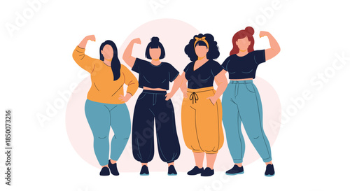 Group of diverse body positive women standing together and confidently flexing their arm muscles to show strength and female empowerment.