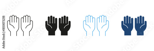 Raised Hands Gesture Line And Solid Icon Set. Celebration, Agreement, And Support Symbol Outline And Silhouette Collection. Communication And Interaction Icons. Isolated Vector Illustration
