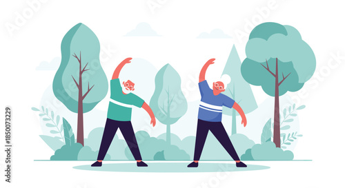 Active senior man and woman doing stretching exercises together in a beautiful park with green trees and nature to maintain a healthy lifestyle.