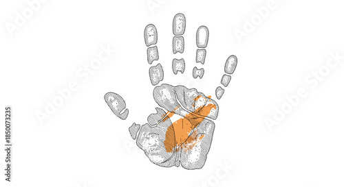 Artistic handprint sketch with detailed line work and a smudge of bright orange paint in the center on a white background for creative design.