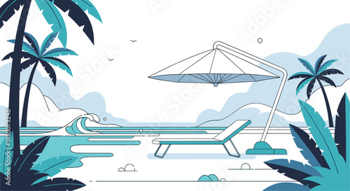 Serene tropical beach landscape featuring an empty lounge chair under a large parasol with palm trees and ocean shore waves in a blue palette.