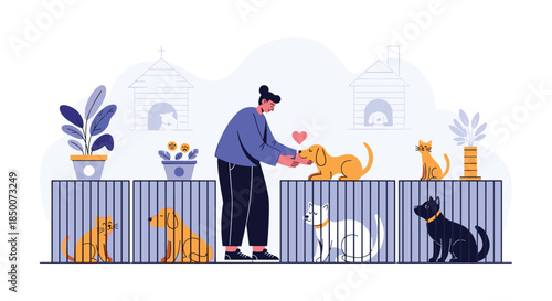 Kind woman taking care of dogs and cats at an animal shelter with cages and kennels in a caring and supportive environment for pet adoption.