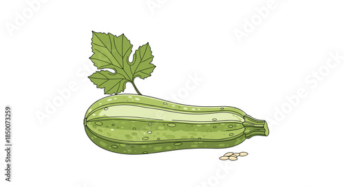 Fresh green zucchini squash with a large textured leaf and small seeds shown on a plain white background for healthy food and cooking themes.