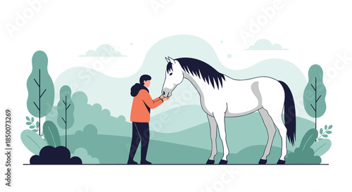 Young man standing in a lush green landscape while gently feeding a beautiful white horse from his hands in a peaceful countryside setting.