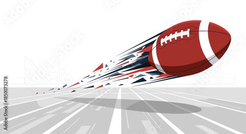 American football ball soaring through the air at high speed with dynamic graphic motion lines against a stadium background during a game.