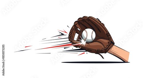 Action-packed illustration of a baseball ball being caught in a brown leather glove with dynamic motion lines and high energy impact effects.