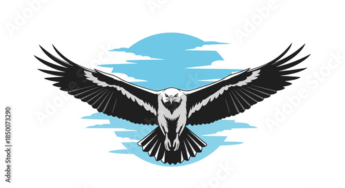 Majestic bald eagle with its wings fully extended flying in front of a blue sun and clouds in the sky as a symbol of power and wild freedom.