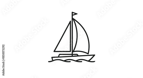 Minimalist line drawing of a small sailboat floating on gentle waves with its sails raised against a clean white background for nautical design.