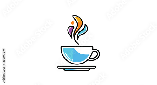 Stylized coffee cup icon with artistic colorful steam swirls representing warmth and delicious aroma on a simple white background for cafes.