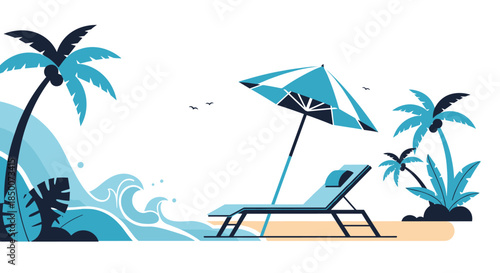 Modern vector landscape features a relaxing beach setup with a lounge chair and umbrella under palm trees by the blue sea.