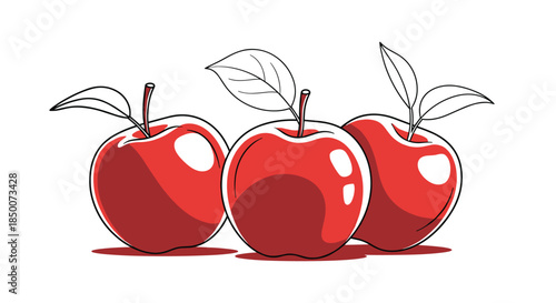 Three ripe red apples with green leaves and stems arranged in a row with soft shadows against a plain white background in an artistic style.