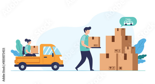 Delivery team works together to load cardboard boxes onto a small yellow truck near a large stack of parcels for shipping.