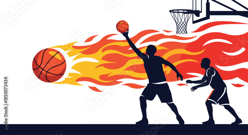 Silhouettes of two basketball players in action with a flaming basketball and fire trails leading toward a hoop against a stark white background.