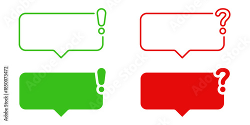 Green Exclamation And Red Question Speech Bubbles Frame Border Set. Communication, Inquiry, And Alert Symbol Collection. Dialogue And Interaction. Isolated Vector Illustration