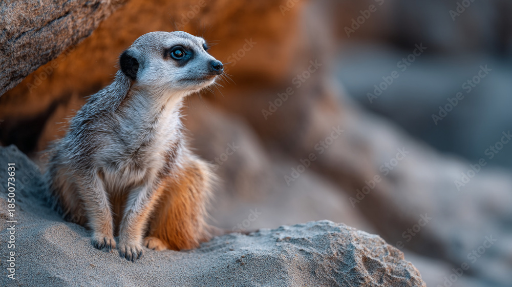 Fototapeta premium Alert Meerkat Standing on Rocky Outcrop in Desert Landscape with Blurred Background