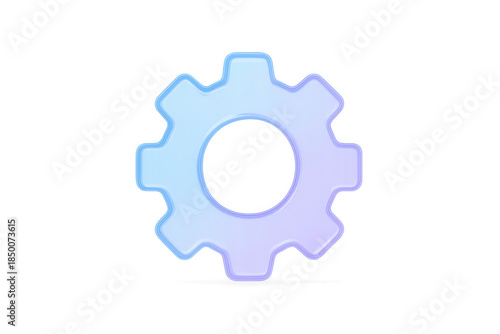 Transparent blue purple glassmorphism settings gear icon floating isolated on a clean white background for modern app UI design with soft light reflections.