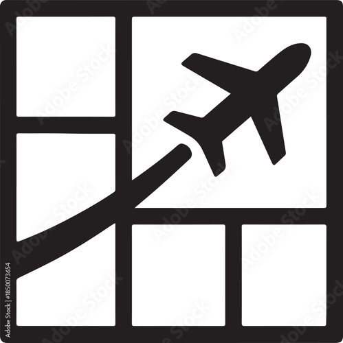 Filled airspace sector grid with plane trajectory cut, conceptual airport icon, vector design.