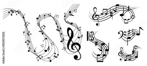 Music notes wave. Flowing musical staff lines with notes, clefs and melody rhythm patterns in dynamic circular, spiral and wavy shapes.