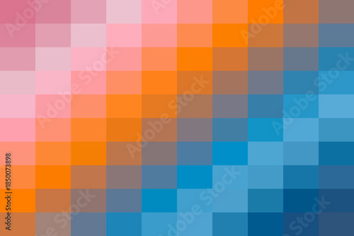 Pixelated gradient mosaic background with a smooth transition from soft pink and warm orange to calm blue tones, creating a vibrant abstract pattern.