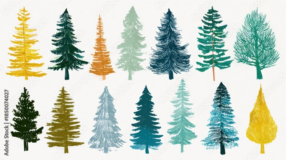Obraz premium Flat hand-drawn Christmas tree set, isolated on transparent background, vector EPS 10