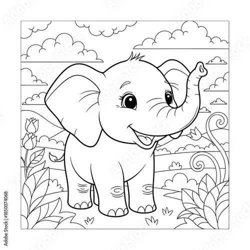 Cute Baby Elephant in Nature Landscape - Cartoon Animal Coloring Book Page for Kids Vector Illustration