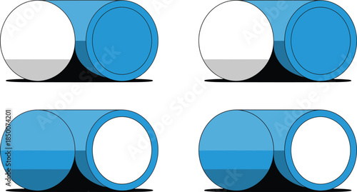 Blue cylindrical tubes with transparent centers, 3D perspective, abstract objects, shadows, isolated on transparent background