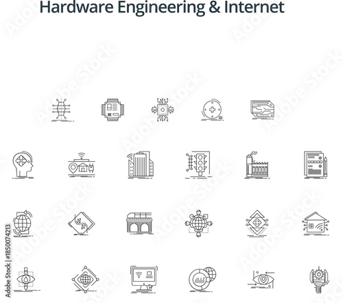 A St of tchnology icon set. Containing factory,  ai, robotics, cloud, automation, iot, communication, programming and more. Editable stroke. Vector illustration 