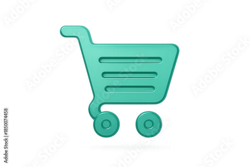 Transparent emerald green glassmorphism shopping cart icon floating isolated on a clean white background for modern app UI design with soft light reflections.