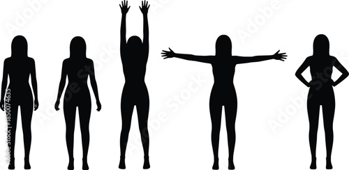 Female body silhouettes set, woman standing stretching poses, fitness posture figures isolated white background vector