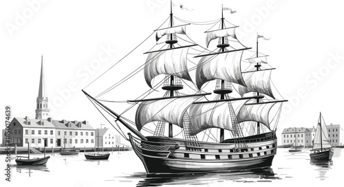Historic sailing ship illustration, tall ship harbor scene, vintage maritime travel artwork isolated background