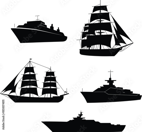 Ship silhouettes set, sailing ships and modern warships collection, maritime vessels isolated white background vector