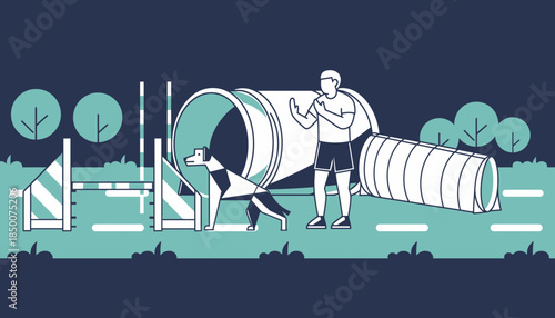 Man and dog navigating obstacle course in outdoor environment